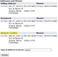Screenshot image showing Address and Phones page with an existing Student Location