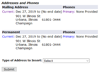 Screenshot image showing Address and Phones page without an existing Student Location