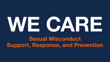 We Care - Sexual Misconduct Support, Response, and Prevention header graphic with white and orange text against blue background